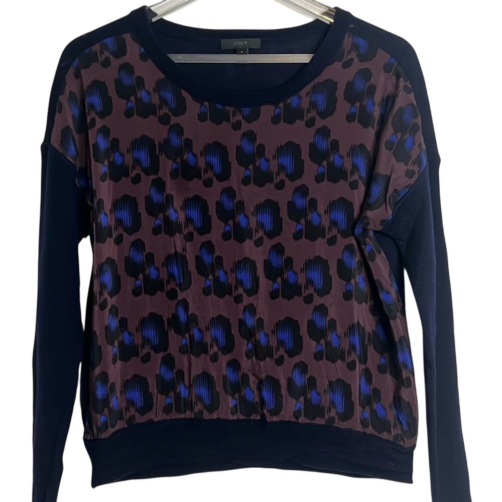 J Crew size S silk and merino wool animal print long sleeve scoop neck top